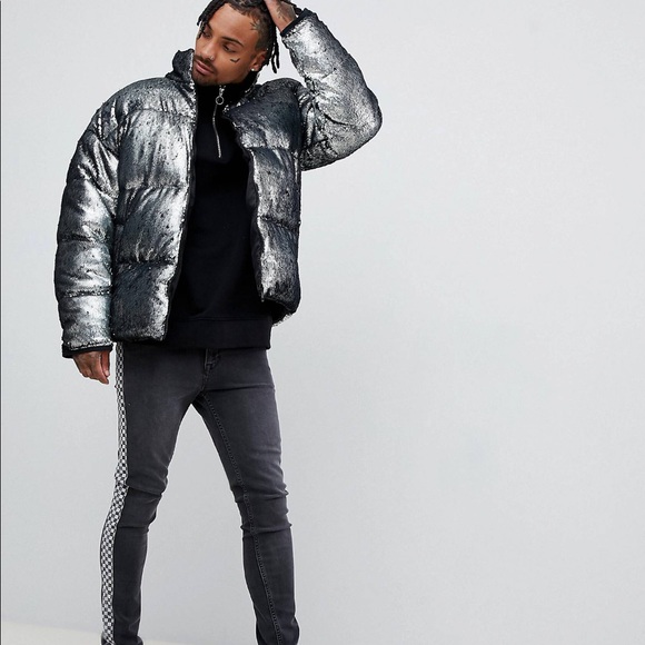 ASOS Silver Sequins Puffer Jacket 3XL - Picture 2 of 12